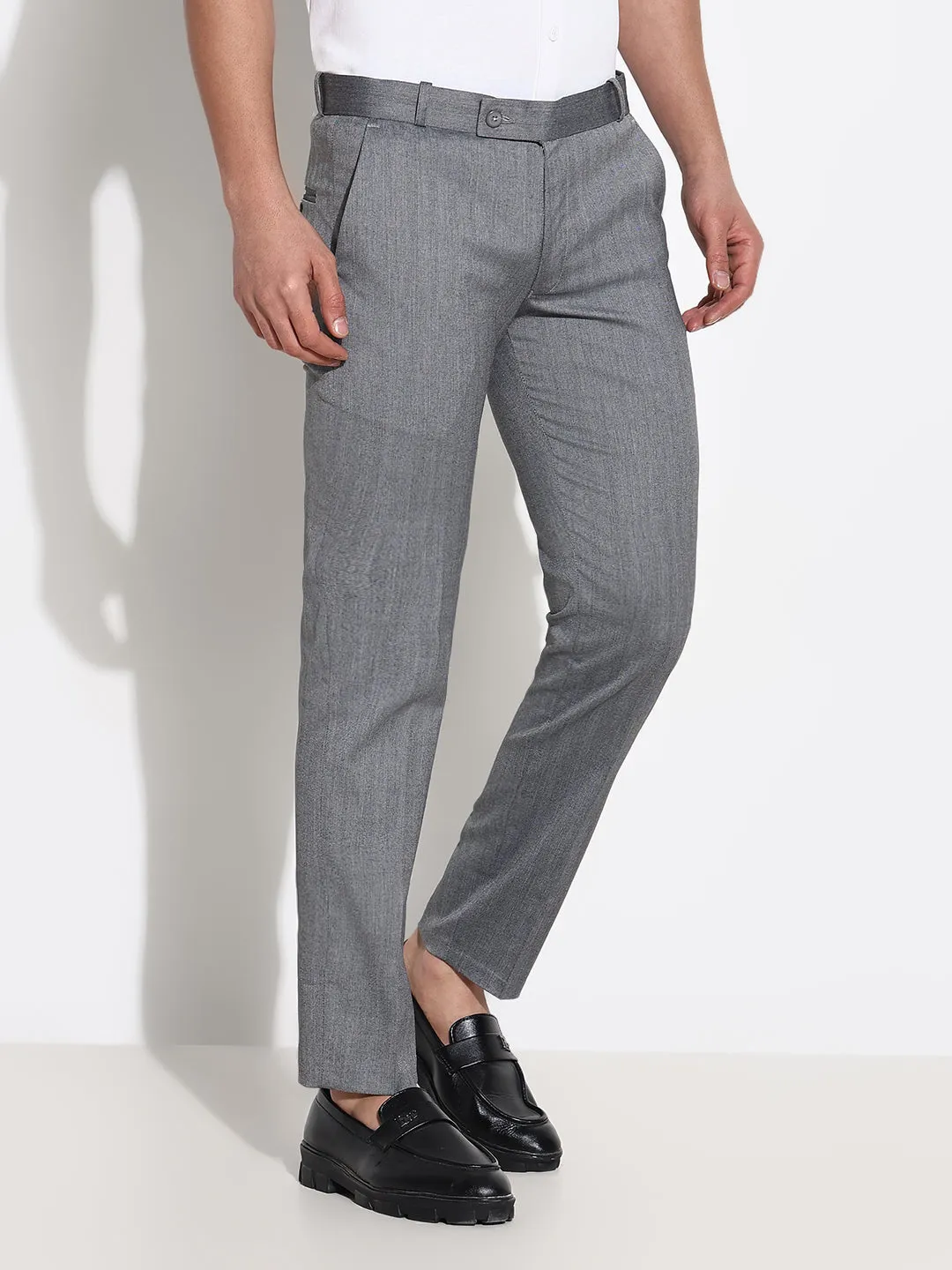 Men Grey Solid Formal Low-Rise Trousers