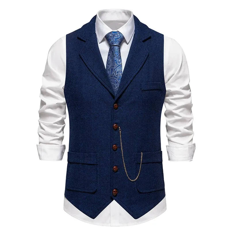 Mens Tweed Waistcoat with Lapel and Chain  Herringbone Formal Vest in Grey, Brown, Blue