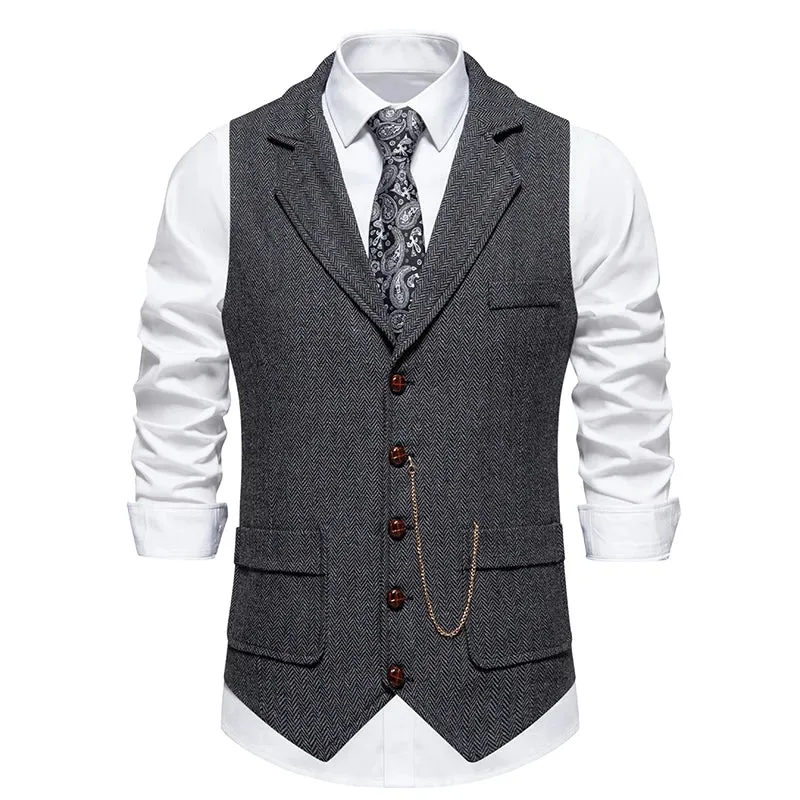 Mens Tweed Waistcoat with Lapel and Chain  Herringbone Formal Vest in Grey, Brown, Blue