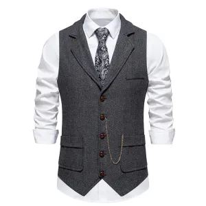 Mens Tweed Waistcoat with Lapel and Chain  Herringbone Formal Vest in Grey, Brown, Blue