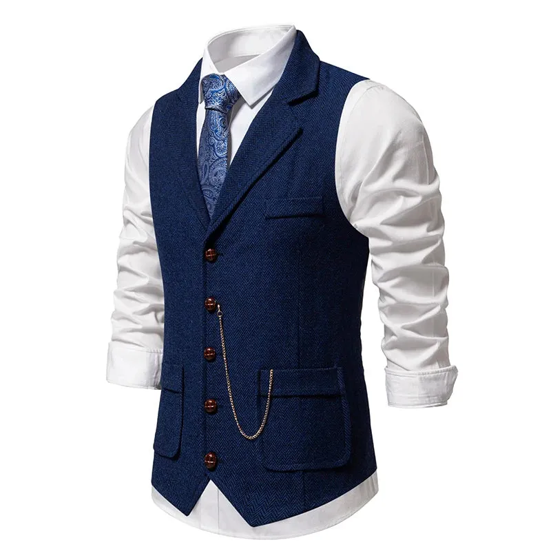 Mens Tweed Waistcoat with Lapel and Chain  Herringbone Formal Vest in Grey, Brown, Blue