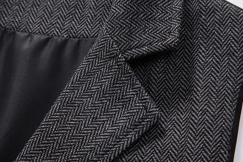 Mens Tweed Waistcoat with Lapel and Chain  Herringbone Formal Vest in Grey, Brown, Blue
