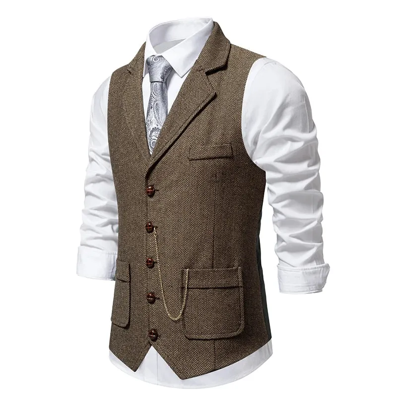 Mens Tweed Waistcoat with Lapel and Chain  Herringbone Formal Vest in Grey, Brown, Blue