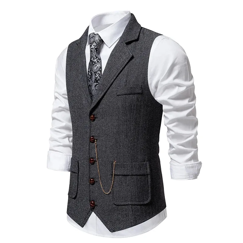 Mens Tweed Waistcoat with Lapel and Chain  Herringbone Formal Vest in Grey, Brown, Blue