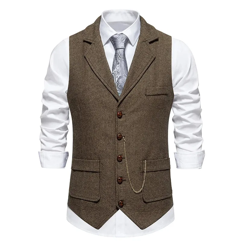 Mens Tweed Waistcoat with Lapel and Chain  Herringbone Formal Vest in Grey, Brown, Blue