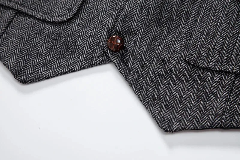 Mens Tweed Waistcoat with Lapel and Chain  Herringbone Formal Vest in Grey, Brown, Blue