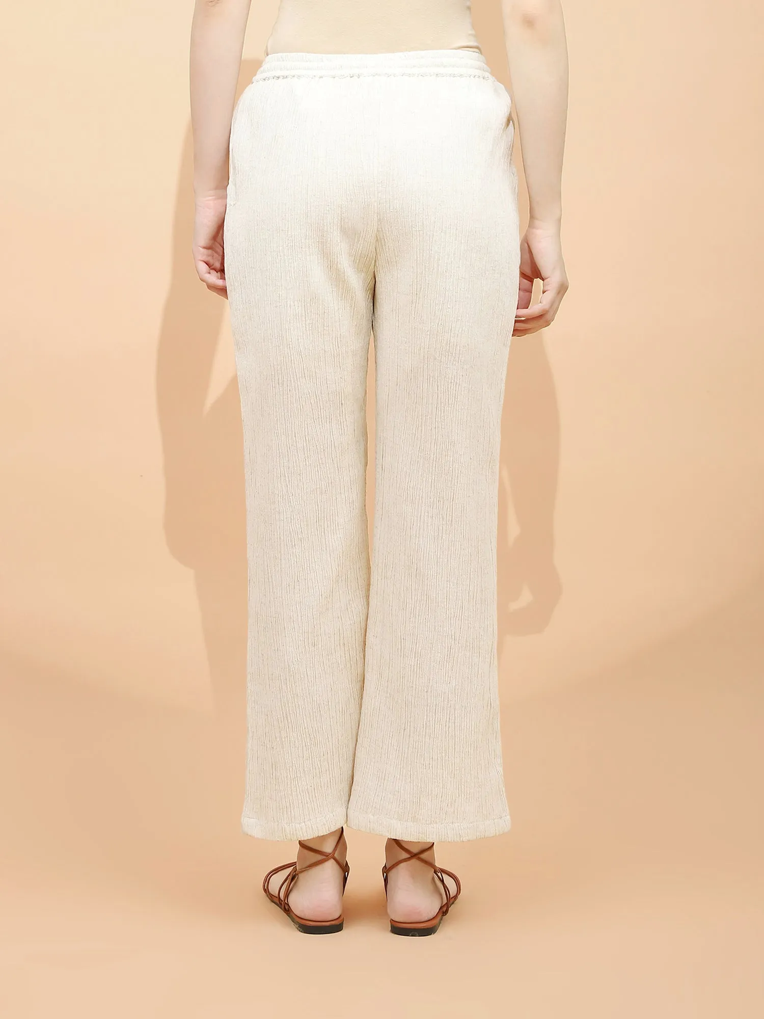 Natural Beige Linen Relaxed Fit Lower For Women