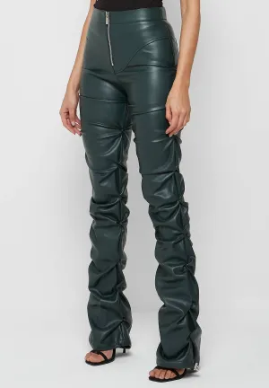 Olive Faux Leather Ruched Flared Pants