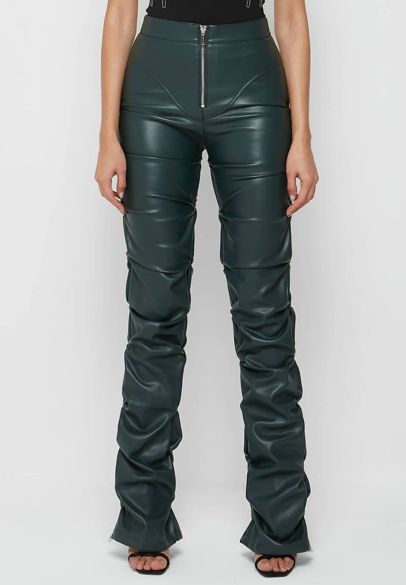 Olive Faux Leather Ruched Flared Pants