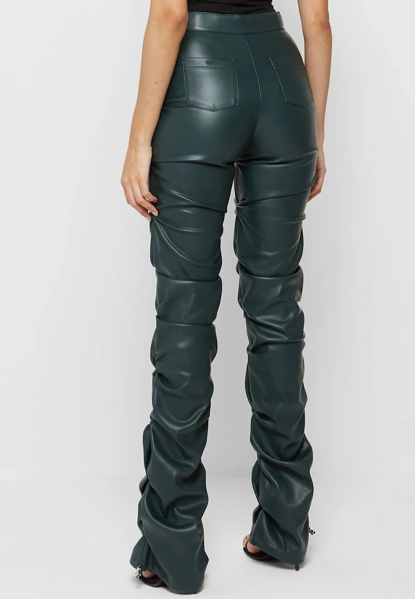 Olive Faux Leather Ruched Flared Pants