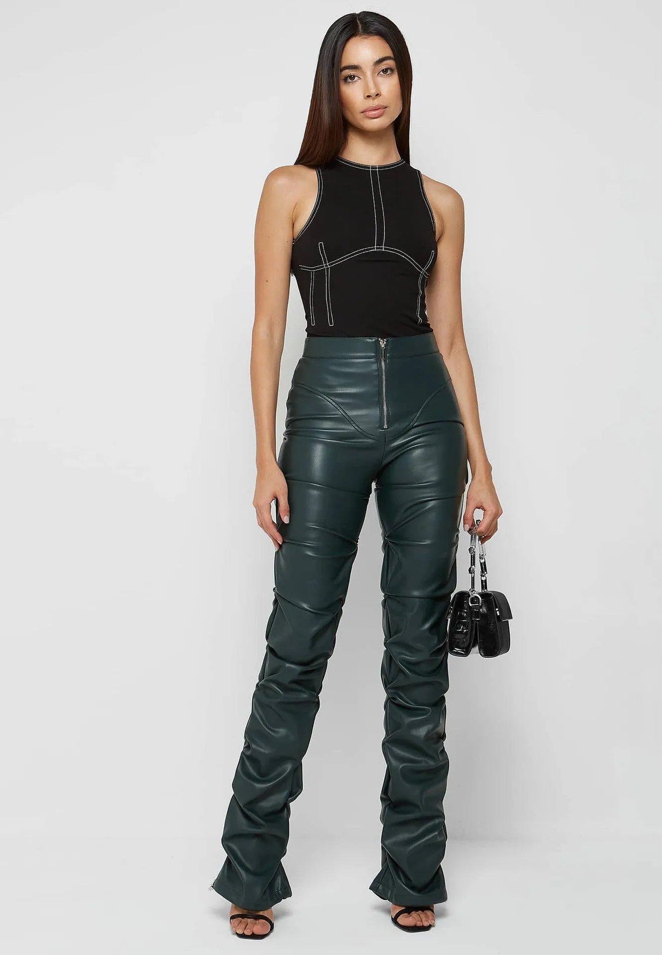 Olive Faux Leather Ruched Flared Pants