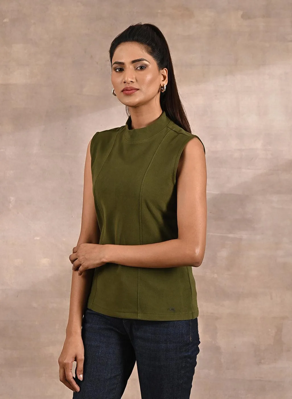 Olive Sleeveless Winter Top with Fine Stitch Detailing