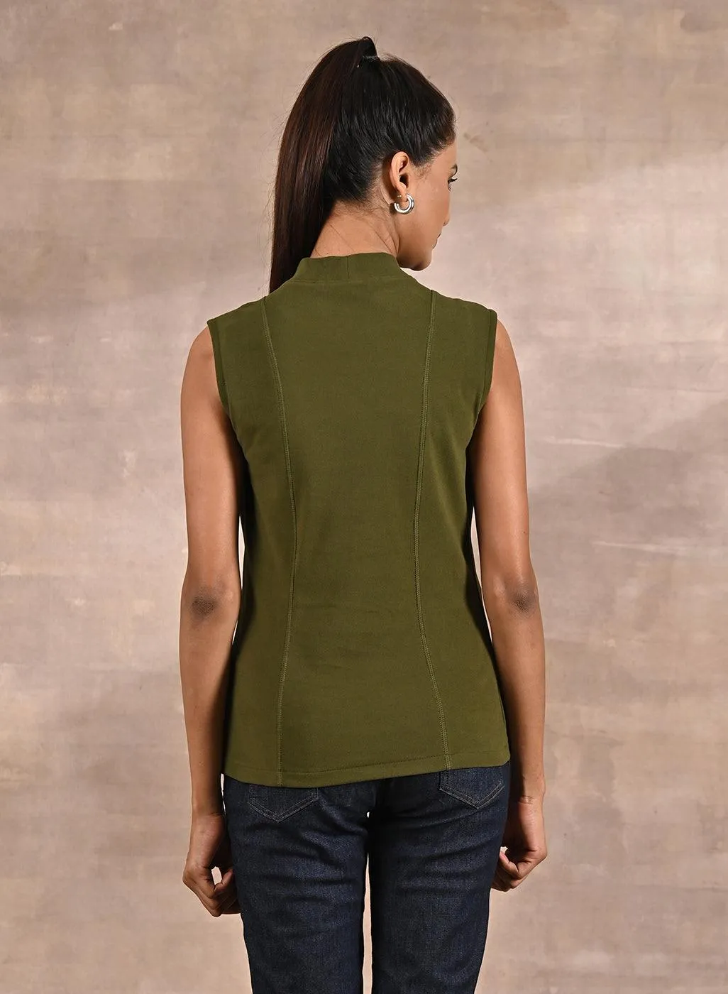 Olive Sleeveless Winter Top with Fine Stitch Detailing