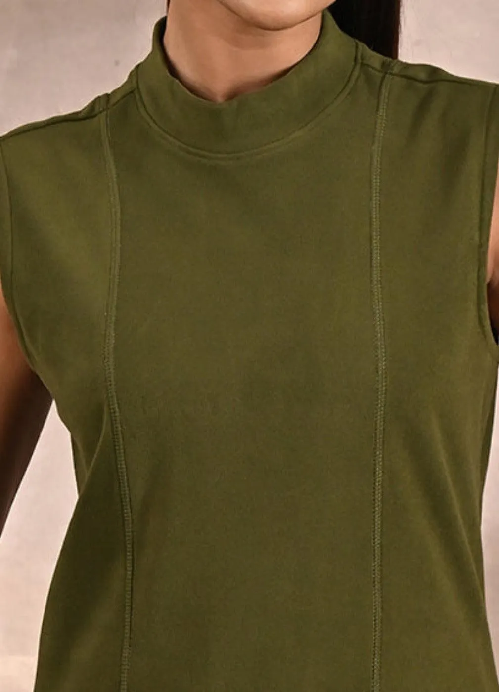 Olive Sleeveless Winter Top with Fine Stitch Detailing