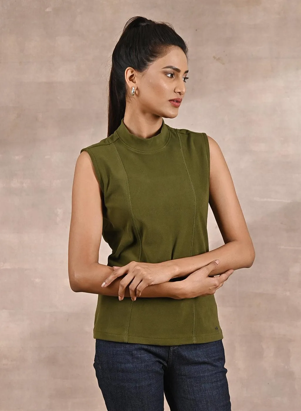 Olive Sleeveless Winter Top with Fine Stitch Detailing