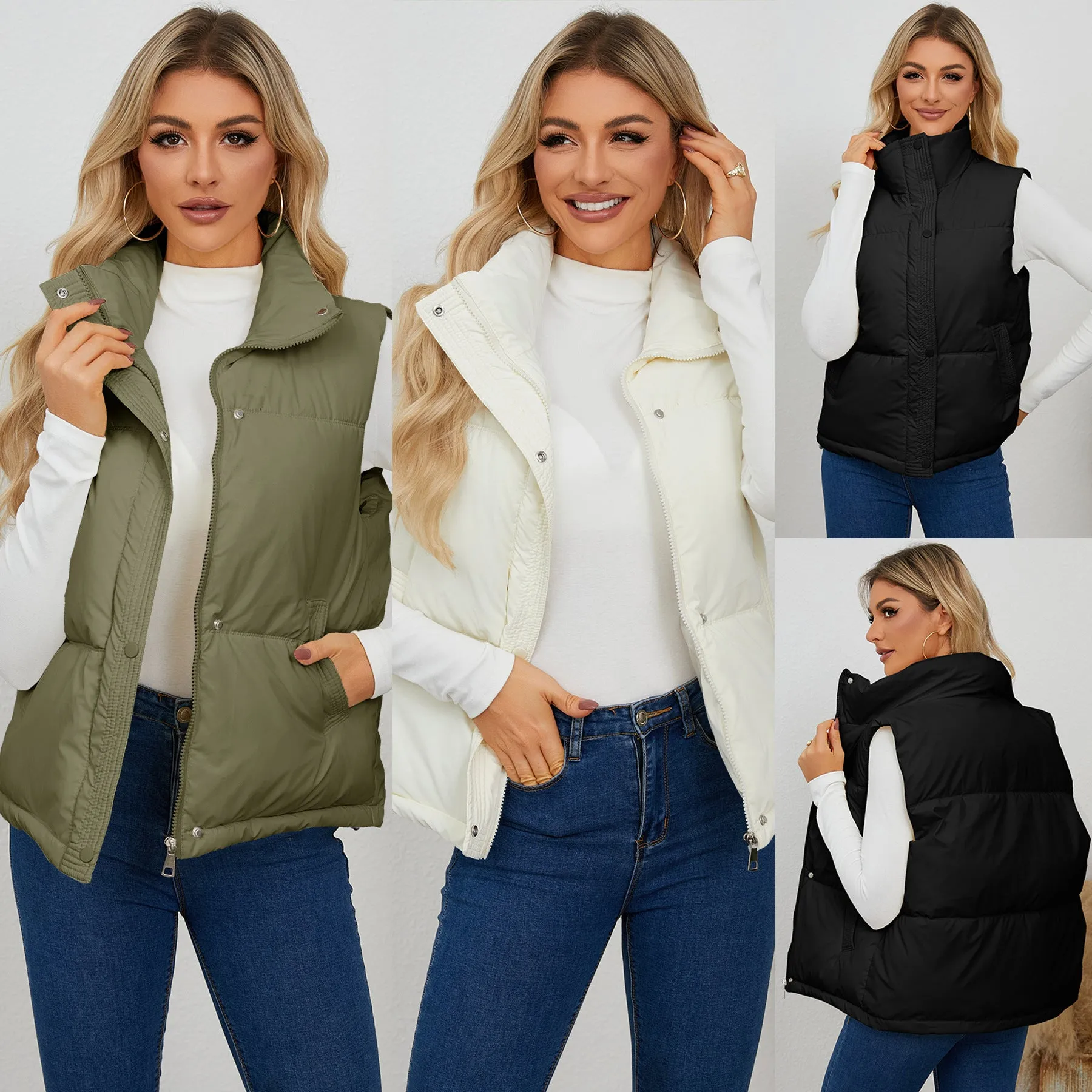 Padded Stand Collar Cropped Vest Jacket Wholesale Womens Clothing N3824110900057