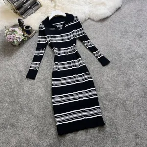 'Pandora' Black & White Striped Midi Bodycon Long Sleeved Knitted Dress