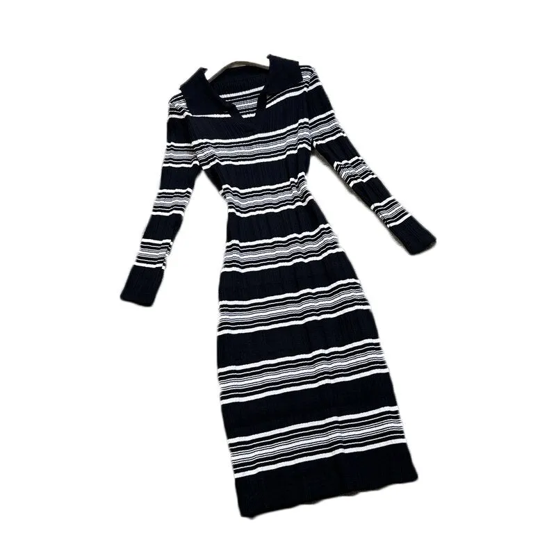 'Pandora' Black & White Striped Midi Bodycon Long Sleeved Knitted Dress
