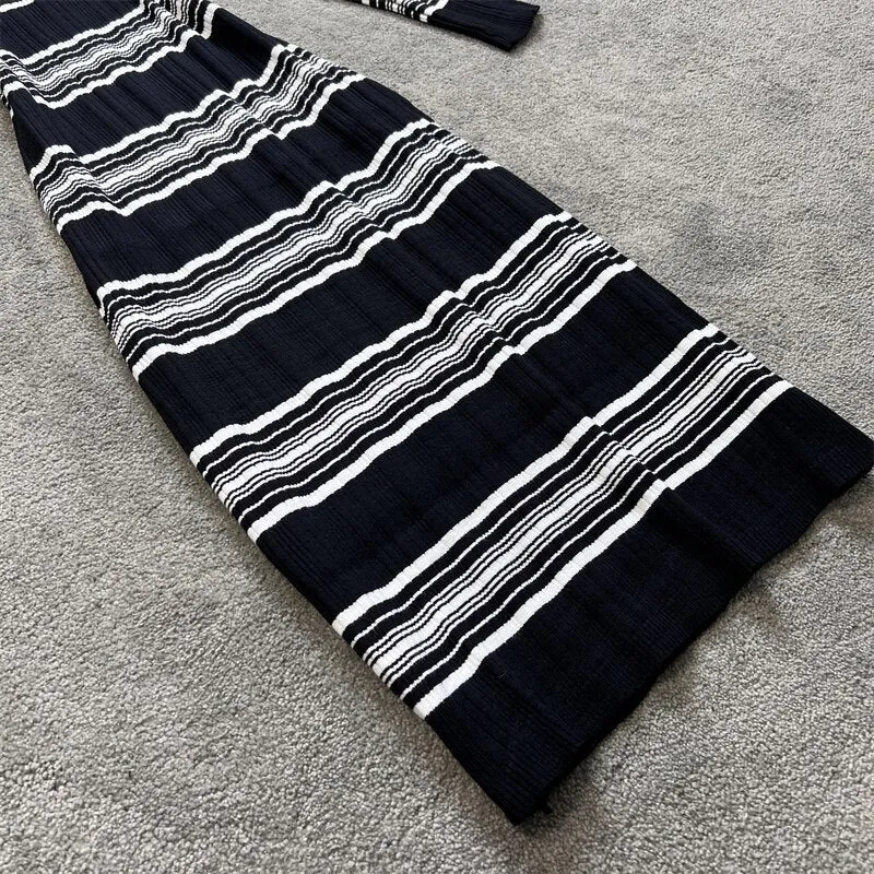 'Pandora' Black & White Striped Midi Bodycon Long Sleeved Knitted Dress