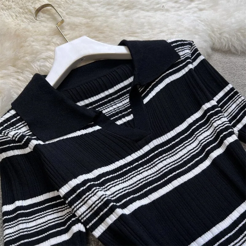 'Pandora' Black & White Striped Midi Bodycon Long Sleeved Knitted Dress