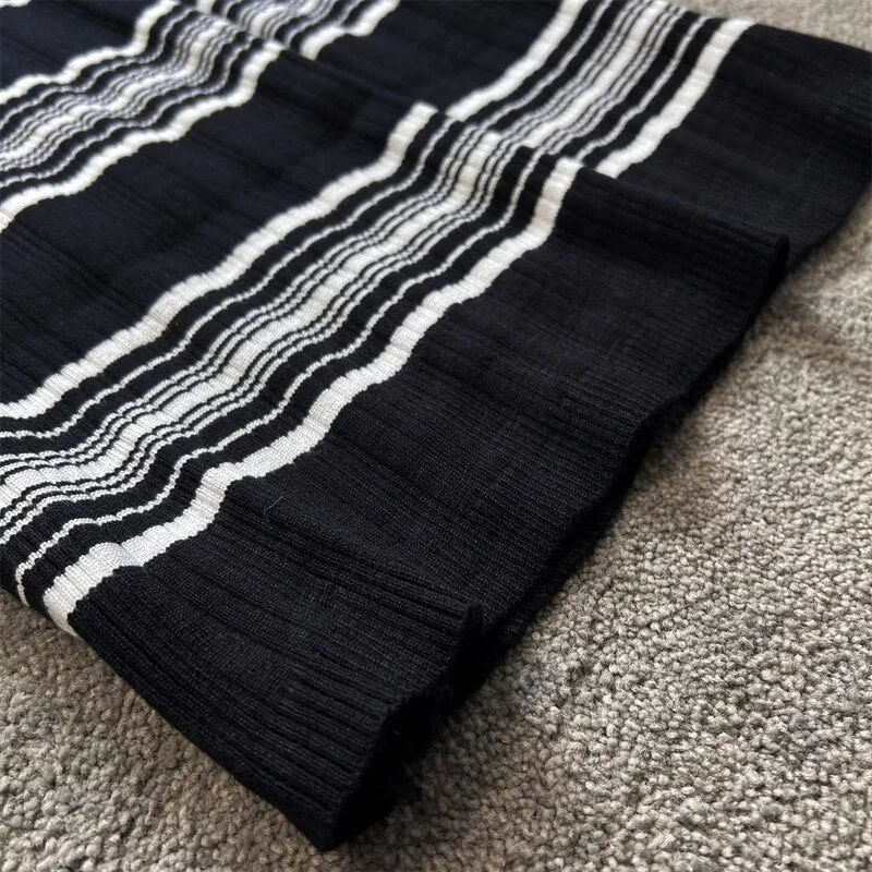'Pandora' Black & White Striped Midi Bodycon Long Sleeved Knitted Dress