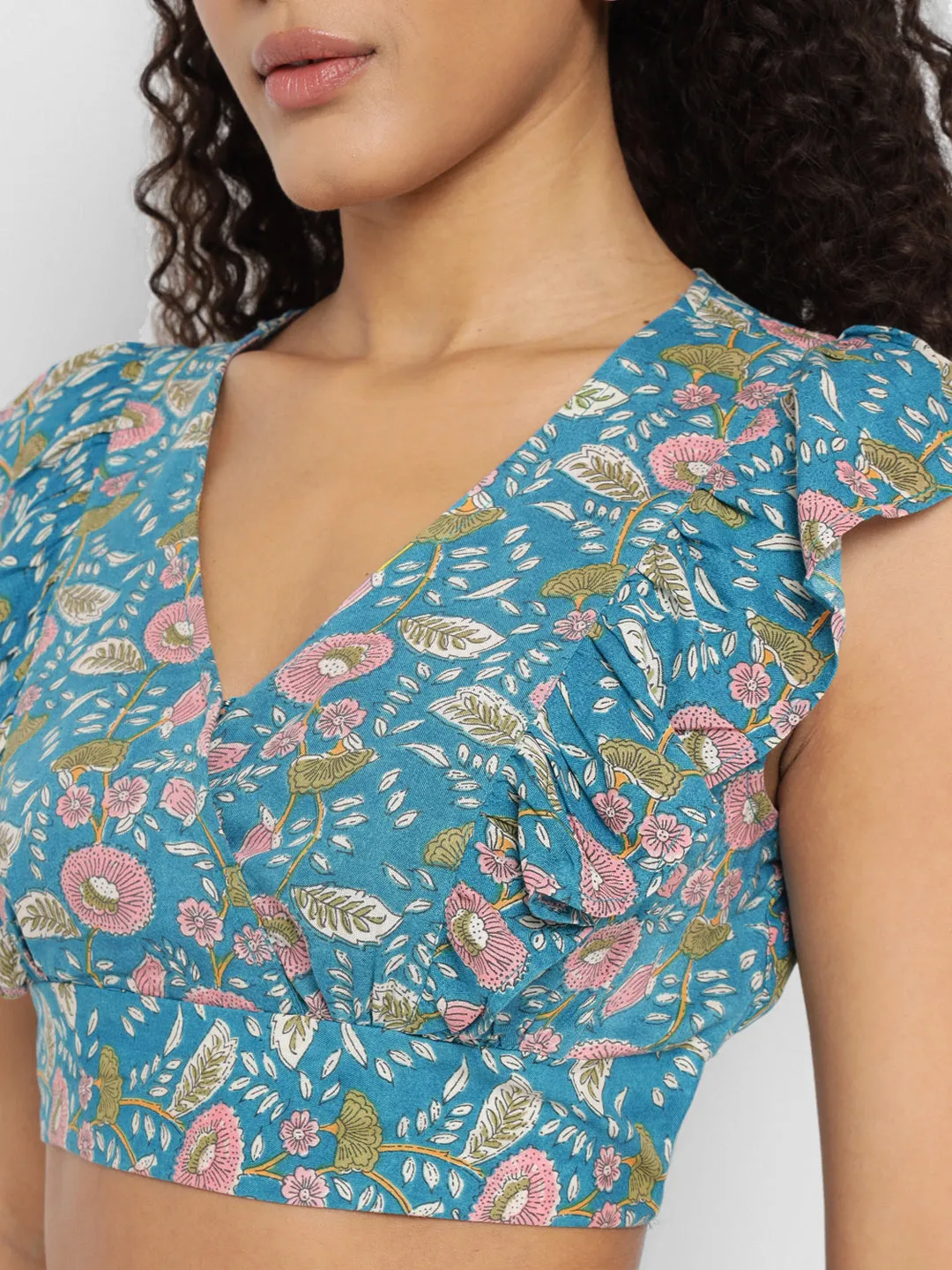 Porsorte Womens Blue Floral Printed Rayon Crop Top with Ruffled Sleeves