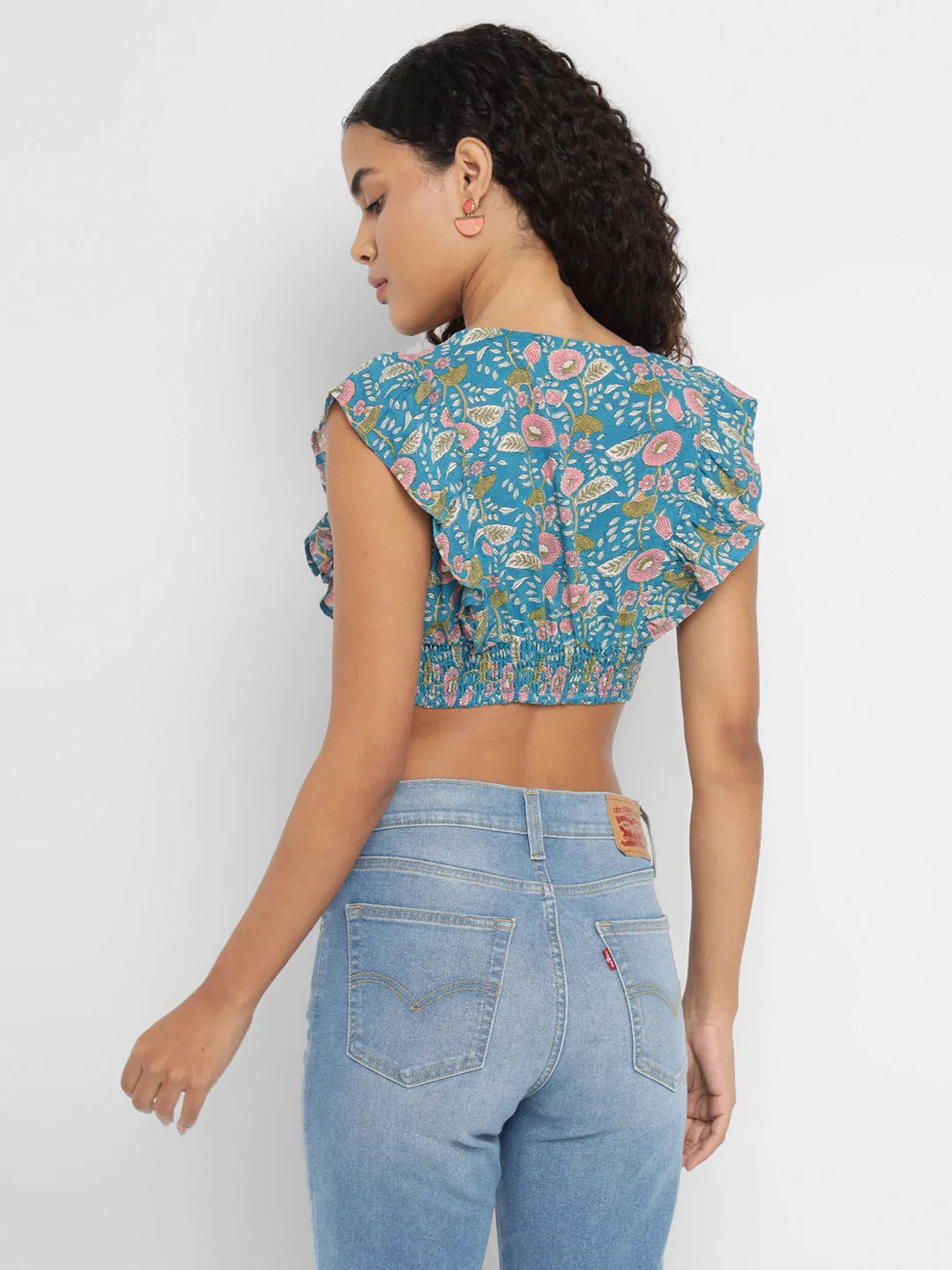 Porsorte Womens Blue Floral Printed Rayon Crop Top with Ruffled Sleeves