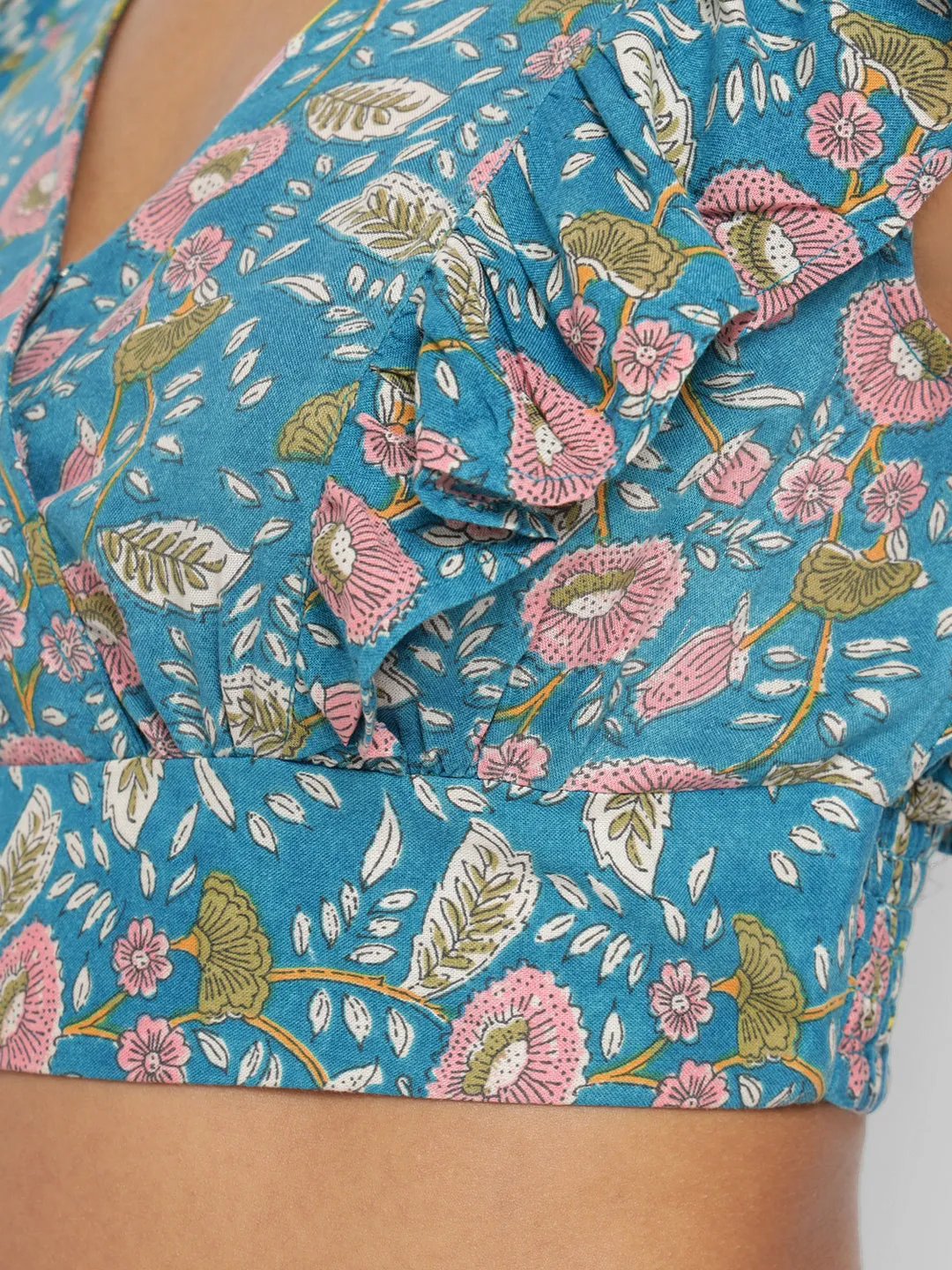 Porsorte Womens Blue Floral Printed Rayon Crop Top with Ruffled Sleeves