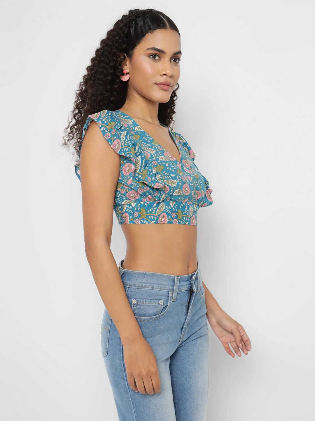 Porsorte Womens Blue Floral Printed Rayon Crop Top with Ruffled Sleeves