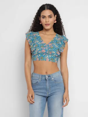 Porsorte Womens Blue Floral Printed Rayon Crop Top with Ruffled Sleeves