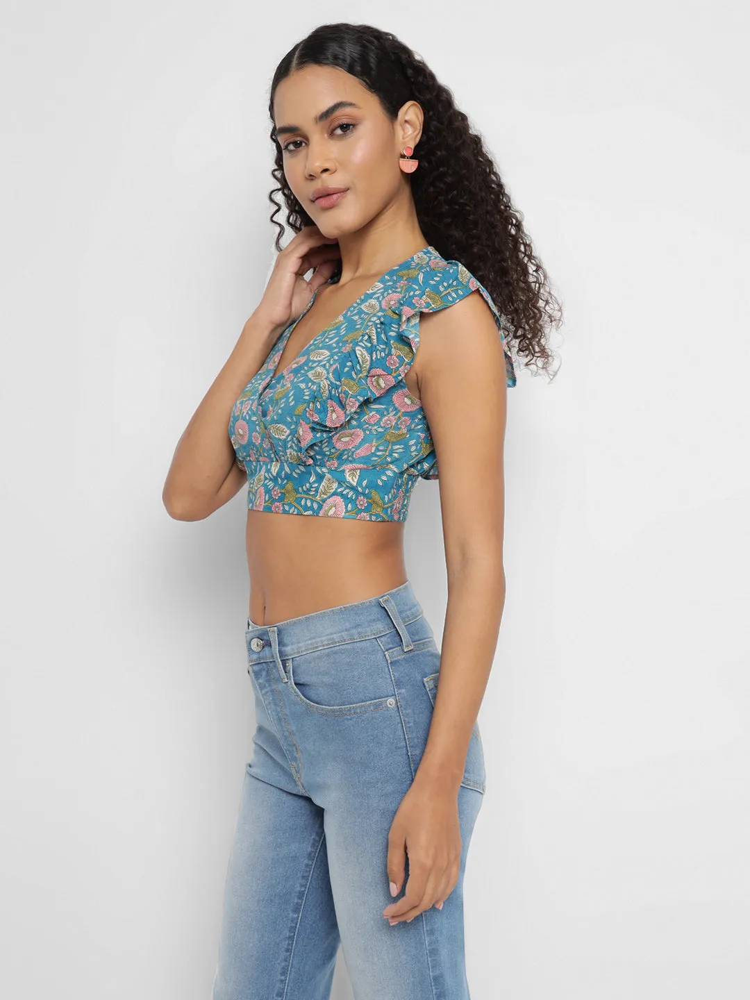 Porsorte Womens Blue Floral Printed Rayon Crop Top with Ruffled Sleeves