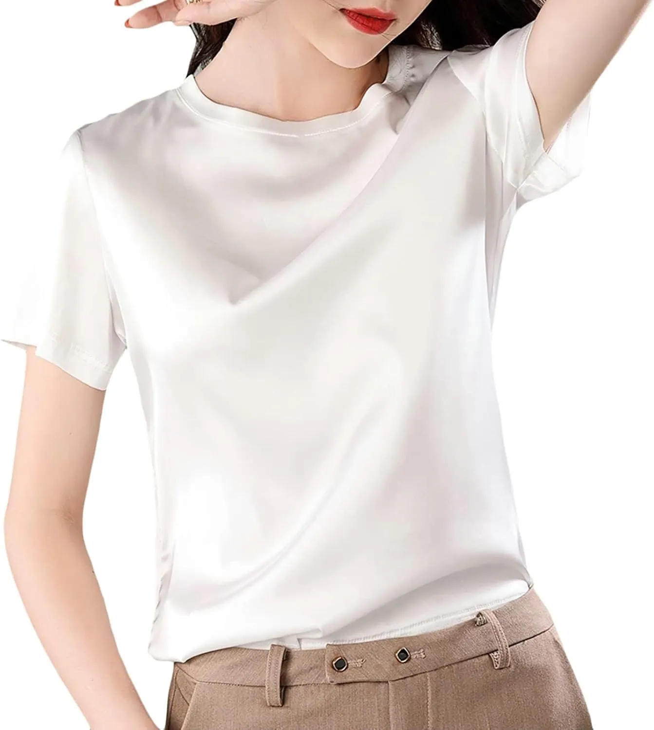 SANGTREE Women's Crew Neck Short Sleeve Satin Silk Blouse Tops