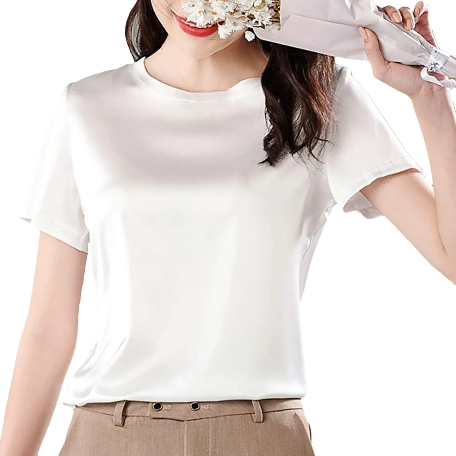 SANGTREE Women's Crew Neck Short Sleeve Satin Silk Blouse Tops