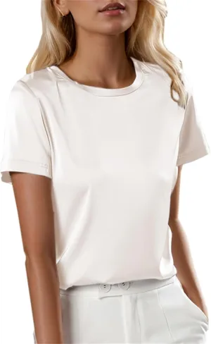 SANGTREE Women's Crew Neck Short Sleeve Satin Silk Blouse Tops