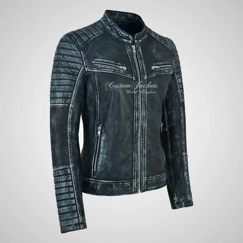 SERA Women Leather Biker Jacket Soft Waxed Real Leather