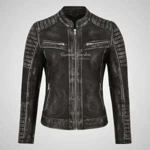 SERA Women Leather Biker Jacket Soft Waxed Real Leather