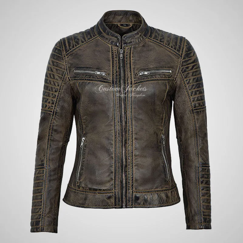 SERA Women Leather Biker Jacket Soft Waxed Real Leather