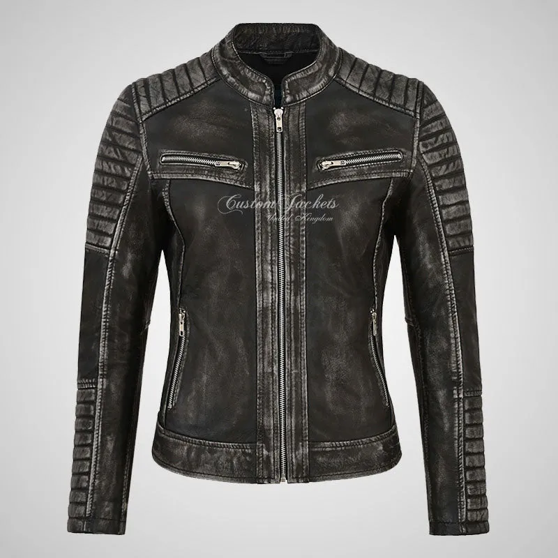 SERA Women Leather Biker Jacket Soft Waxed Real Leather