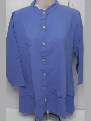 Shirt Button Front 3/4 Sleeve Blue Women's L0808