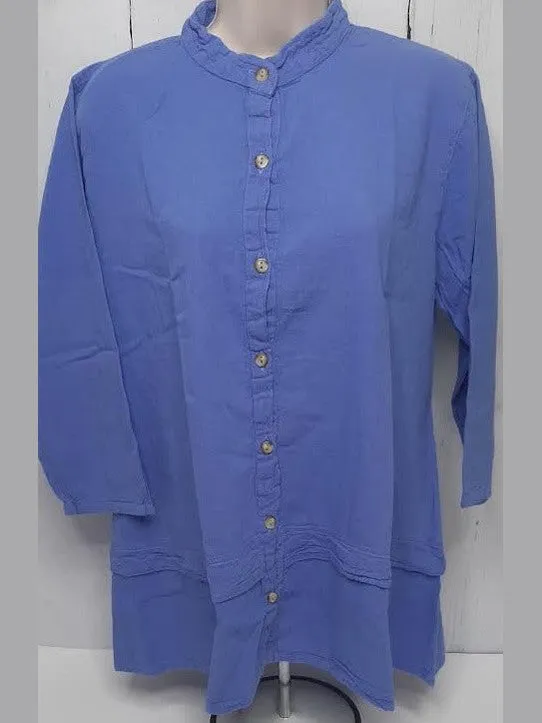 Shirt Button Front 3/4 Sleeve Blue Women's L0808