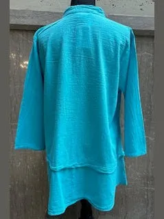 Shirt Button Front 3/4 Sleeve Teal Women's L0808