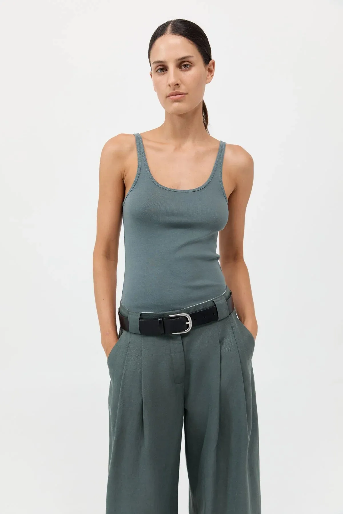 St. Agni Wide Leg Pleat Pants - Balsam Green