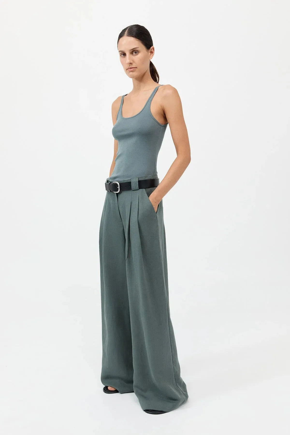 St. Agni Wide Leg Pleat Pants - Balsam Green