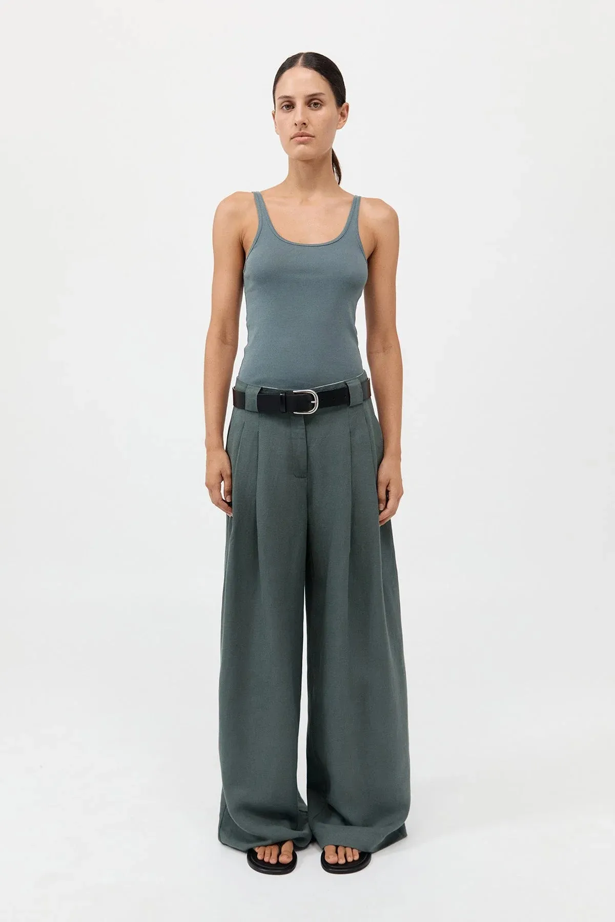 St. Agni Wide Leg Pleat Pants - Balsam Green
