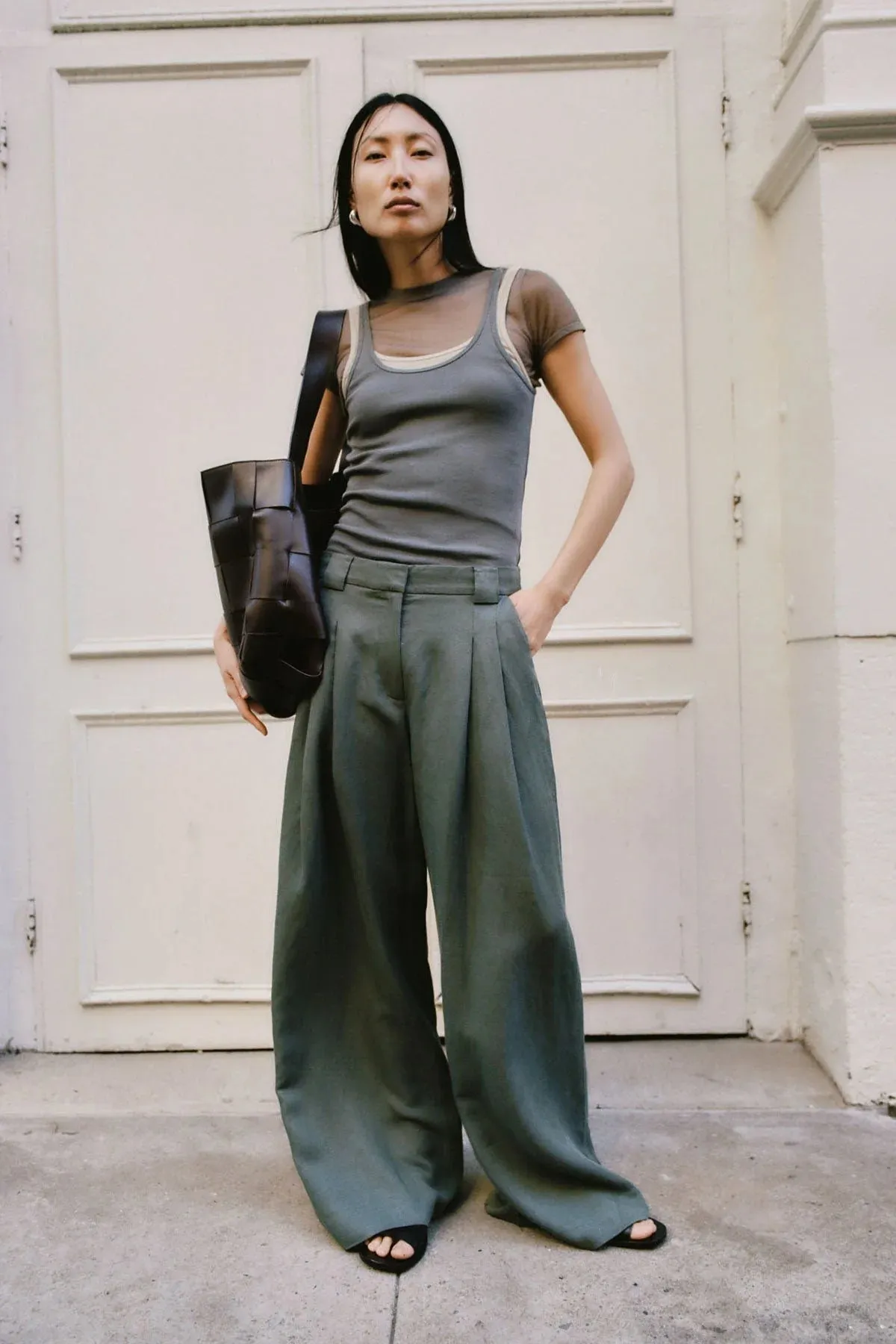 St. Agni Wide Leg Pleat Pants - Balsam Green