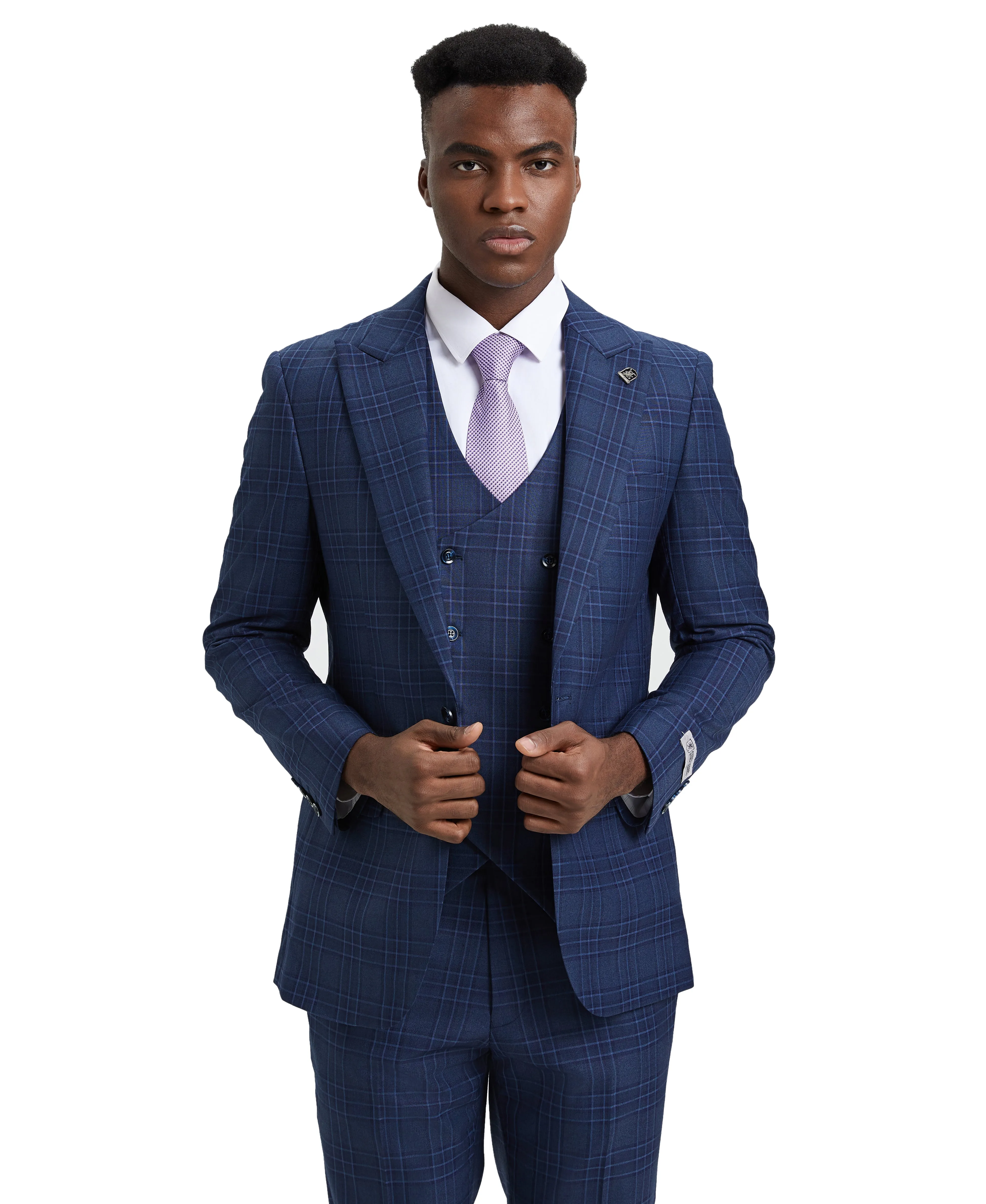 Stacy Adams Hybrid-Fit Double-Breast Vested Suit, Windowpane Blue