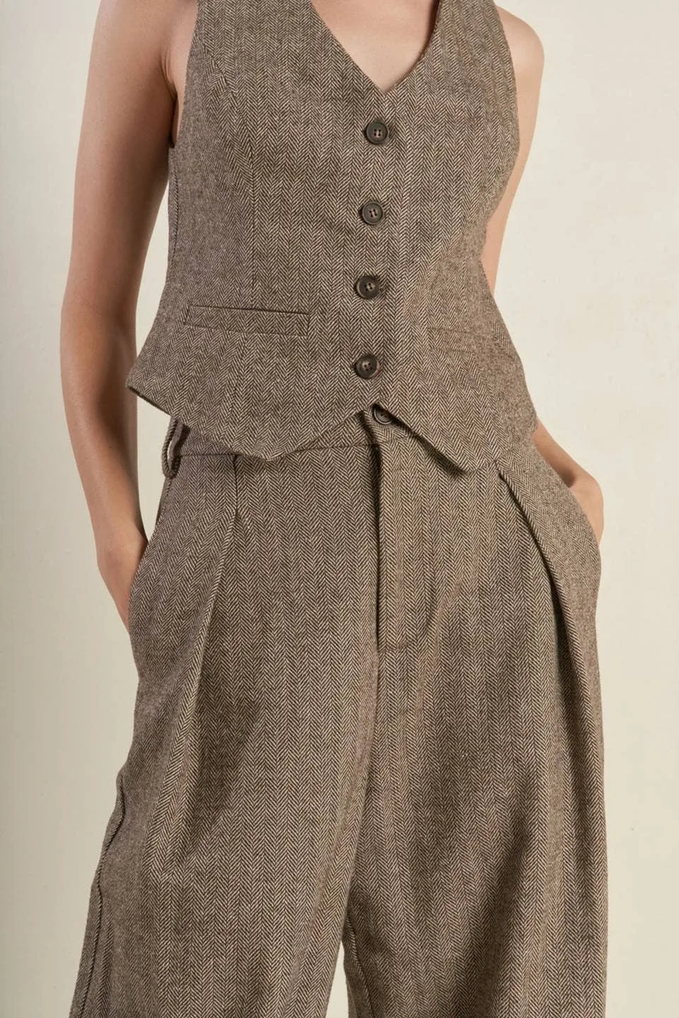 Tailored Woolen Herringbone Pants