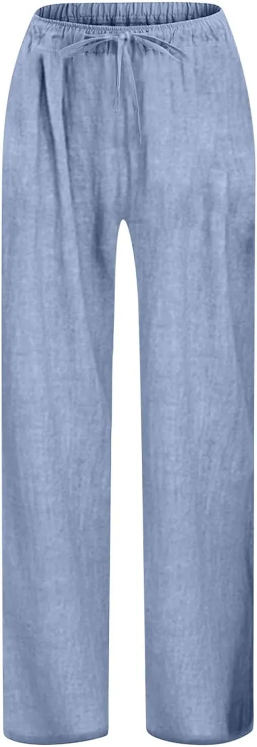 Teen Girls Casual Cotton Linen Pants Lightweight Summer Wide Leg Pant Loose Elastic Waist Plus Size Lounge Long Trousers