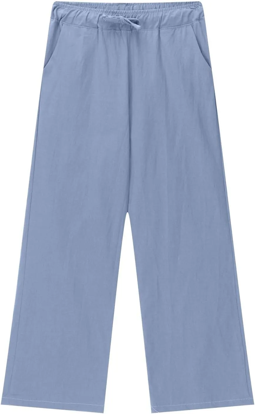Teen Girls Casual Cotton Linen Pants Lightweight Summer Wide Leg Pant Loose Elastic Waist Plus Size Lounge Long Trousers