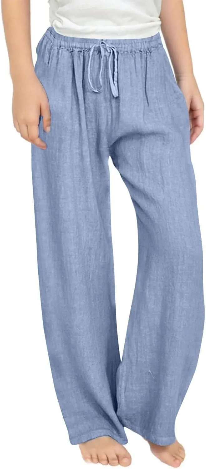Teen Girls Casual Cotton Linen Pants Lightweight Summer Wide Leg Pant Loose Elastic Waist Plus Size Lounge Long Trousers